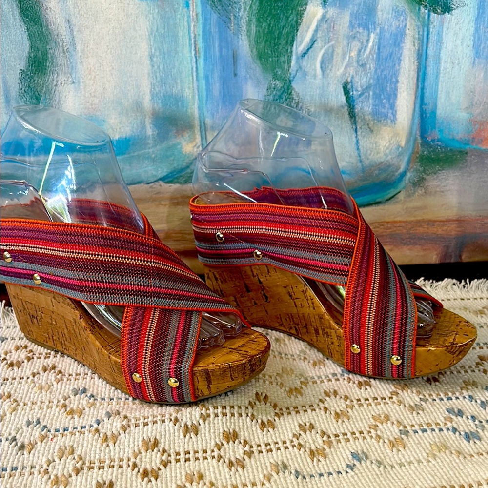 Striped Red and Gray Wedge Sandals Montego Bay size 7